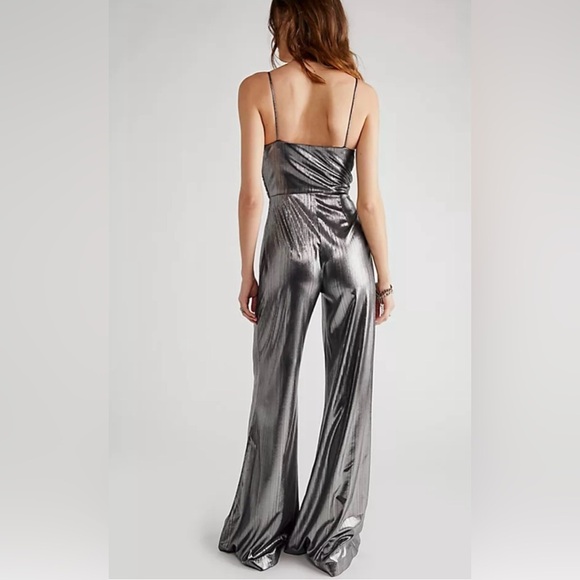 RETROFETE EVERLY METALLIC SILVER GUNMETAL FLARE WIDE LEG JUMPSUIT - Picture 3 of 15